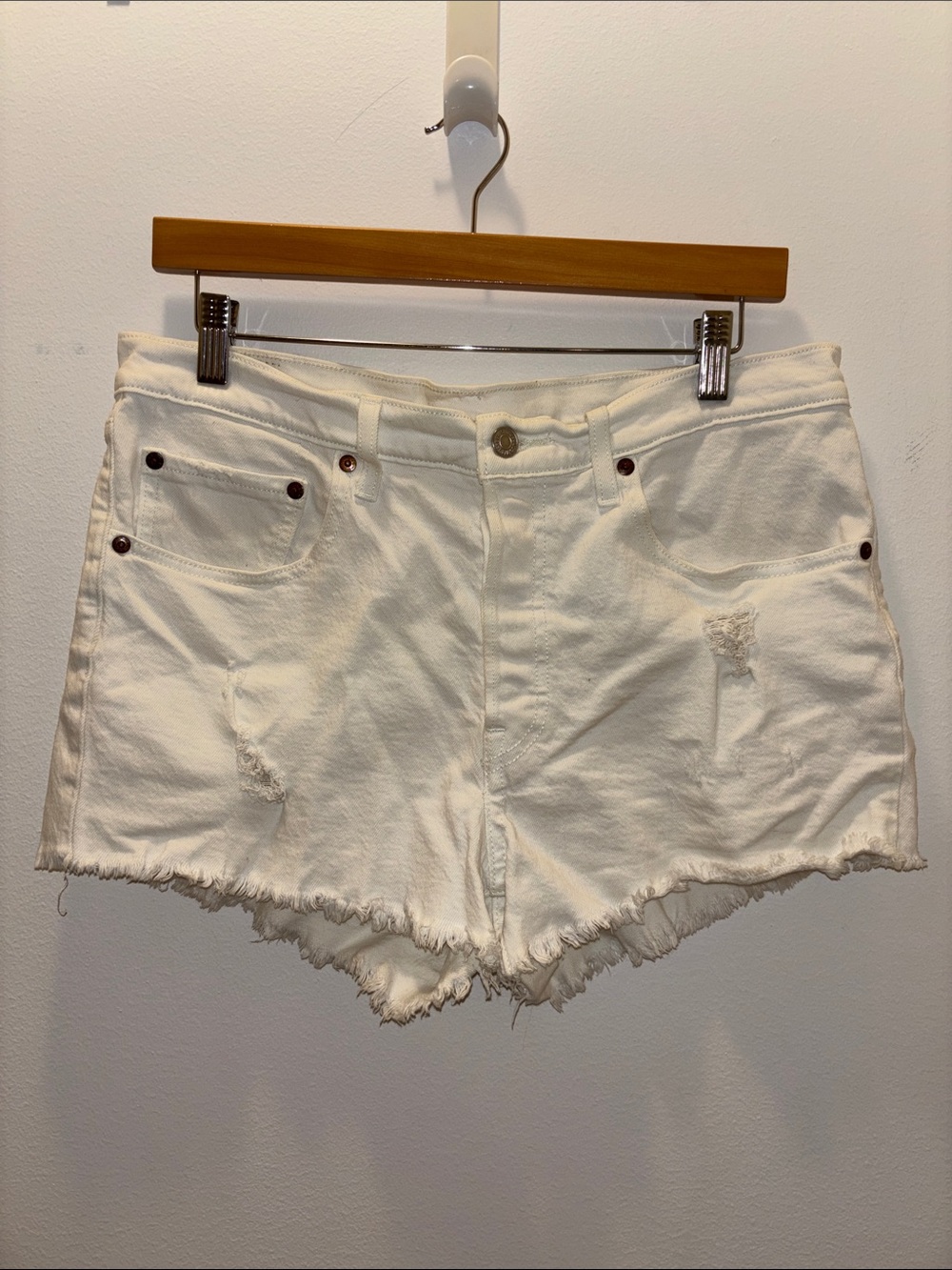 Levi's 501 White Frayed Hem & Distressed Denim Cutoff Shorts